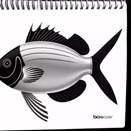 a drawing of a black and white fish on a spiral notebook