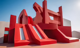 a sculpture of red letters and blocks with a sky background