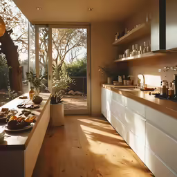 a clean kitchen with wood floors and white cabinets