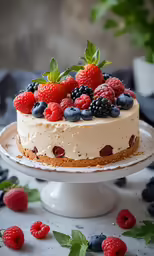 a cake is on a stand with berries and blueberries on it