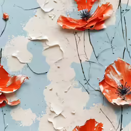 three red flowers with white flowers on blue background