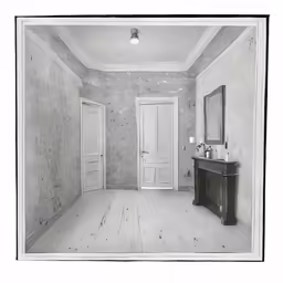 an empty and empty bathroom with a fireplace