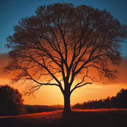 the setting sun behind the large tree in the field