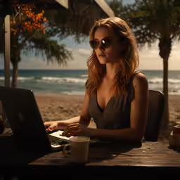 a woman sitting at a table using her laptop