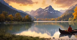 a man in a canoe is floating on the water,the person is sitting on the canoe at the lake