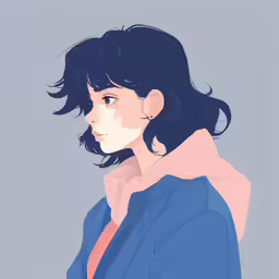 an anime girl with black hair and blue jacket