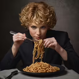 woman seated at table eating spaghetti with fork