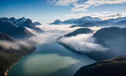 a mountain range with the sky above and water below