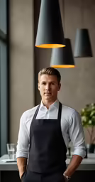 a male in an apron is standing by a table