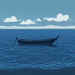 an empty boat sits in the ocean under a cloudy sky,a boat floating in the ocean with the sky and clouds