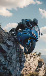 a man that is jumping a motorcycle over a rock