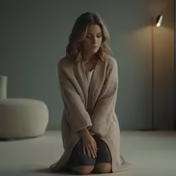 a girl sitting in front of a lamp wearing a tan cardigan