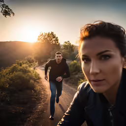 a man running down a road with another person