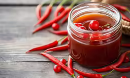 a jar filled with red hot sauce surrounded by red hot peppers