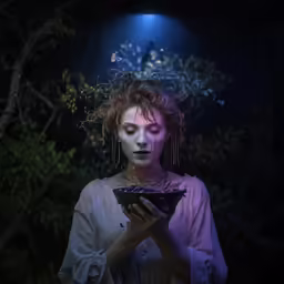 a woman with white make up is holding a black bowl
