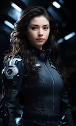 a woman in black leather clothes with a machine gun