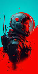 a close up of a painting with a helmet on