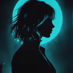 a woman with her hair blowing in the wind, looking into the distance,a silhouette of a woman in front of a bright circle