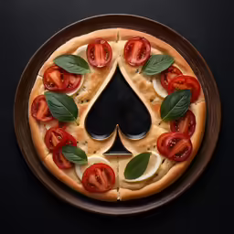 a pizza decorated with tomatoes and other fruits