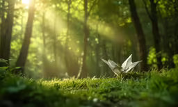 the bird is flying through the woods with grass