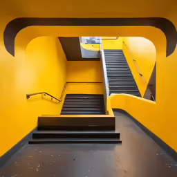 an open stairwell between two stairways with black railings