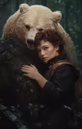 a woman is hugging a bear in the woods