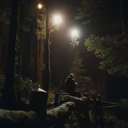 the headlights are shining on a man sitting in the woods