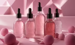 pink bottles with black caps are on pink silk