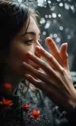 a young lady in front of an autumn tree with falling petals holding her hand in front of her face