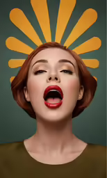 a woman with a fake frondy yellow object on her head