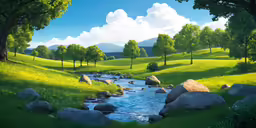 a small stream in the middle of a green hillside