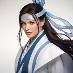 a woman with blue strips around her head and a big hairband
