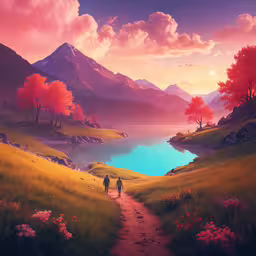 a landscape scene with two people walking down a road to a lake,a couple of people walking down a field next to trees