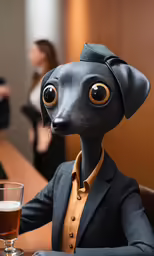 a small black dog sitting in front of a glass