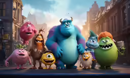 the characters from the film monsters posing on a road