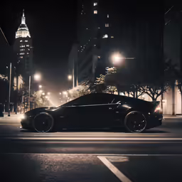 a car driving down a street in front of tall buildings