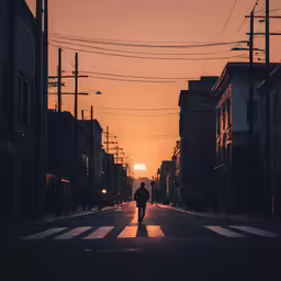 there is a man walking across the street in the sun