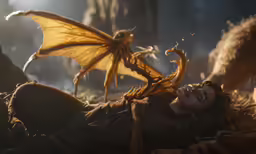 a dragon taking a nap with a lady
