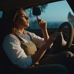 woman driving car in open area looking out of window