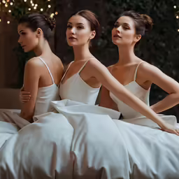 three women sitting on a bed dressed in white