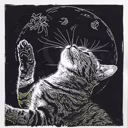 a black and white image of a cat,a drawing of a cat on black paper