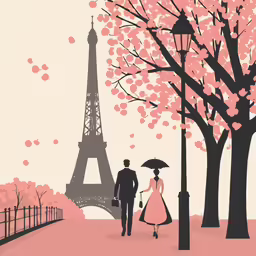a couple walking past the eiffel tower on a sunny day