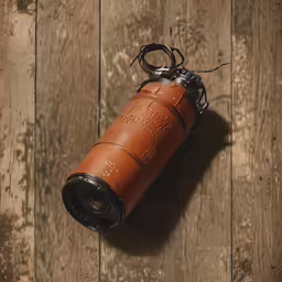 an orange leather cylinder is shown on the wood wall