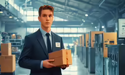 a man holding a box in a factory