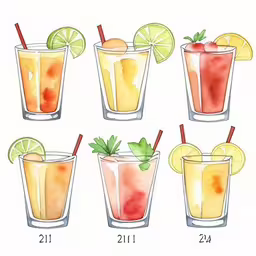 four shots of various kinds of drinks,a drawing of a number of drinks with different fruit flavors,an image of drinks with different alcoholic beverages,four shots, five different drinks, four orange slices,an illustrated guide to different cocktails in glasses