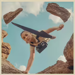 girl with a large, long sword standing on rocks