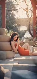 a woman sits on a bench using a cellphone
