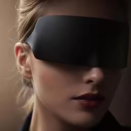 a woman wearing black eye coverings next to her face