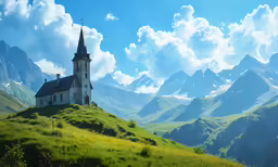 a small chapel on a green hillside with a mountain backdrop