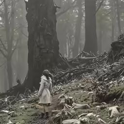 woman in trench coat on path surrounded by trees and debris